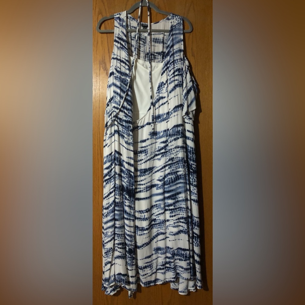 BLUE TIE-DYE GAUZE COLD SHOULDER WRAP MIDI DRESS - Picture 2 of 7